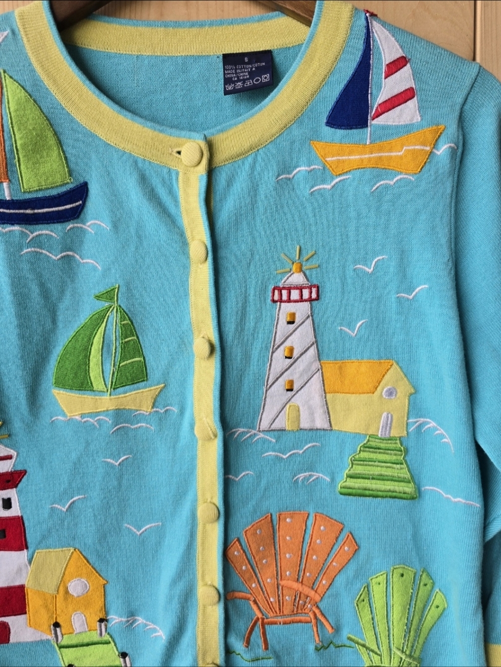 Vintage Rainbow Bridge Sailboat Beach Cotton Cardigan Sweater Teal Womens Small - Picture 3 of 9